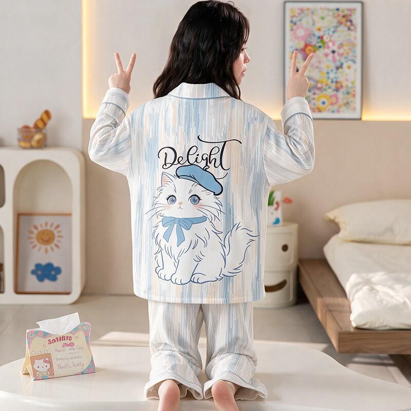 100% Cotton Girls Pajama Set Long Sleeve Cartoon Print Sleepwear Open Front Robe Style Fall