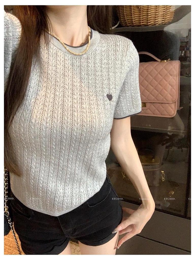 Chic Summer Heart Design Ice Silk Knitted T-shirt - Women's Short Sleeve Color Block Top