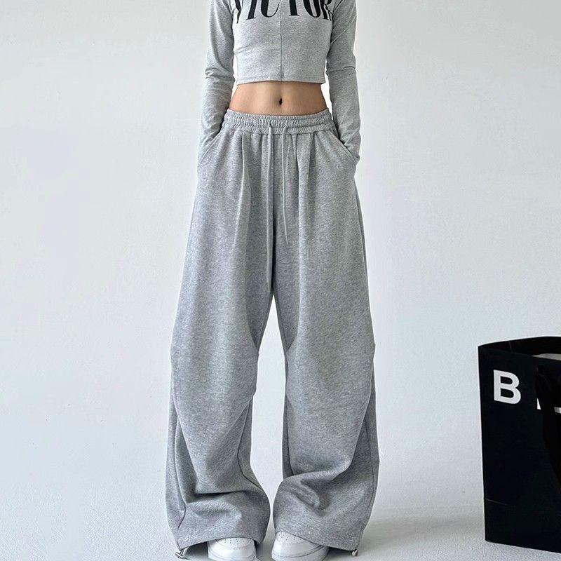 Women Elastic Waist Baggy Wide Leg Sweatpants With Drawstring S серый