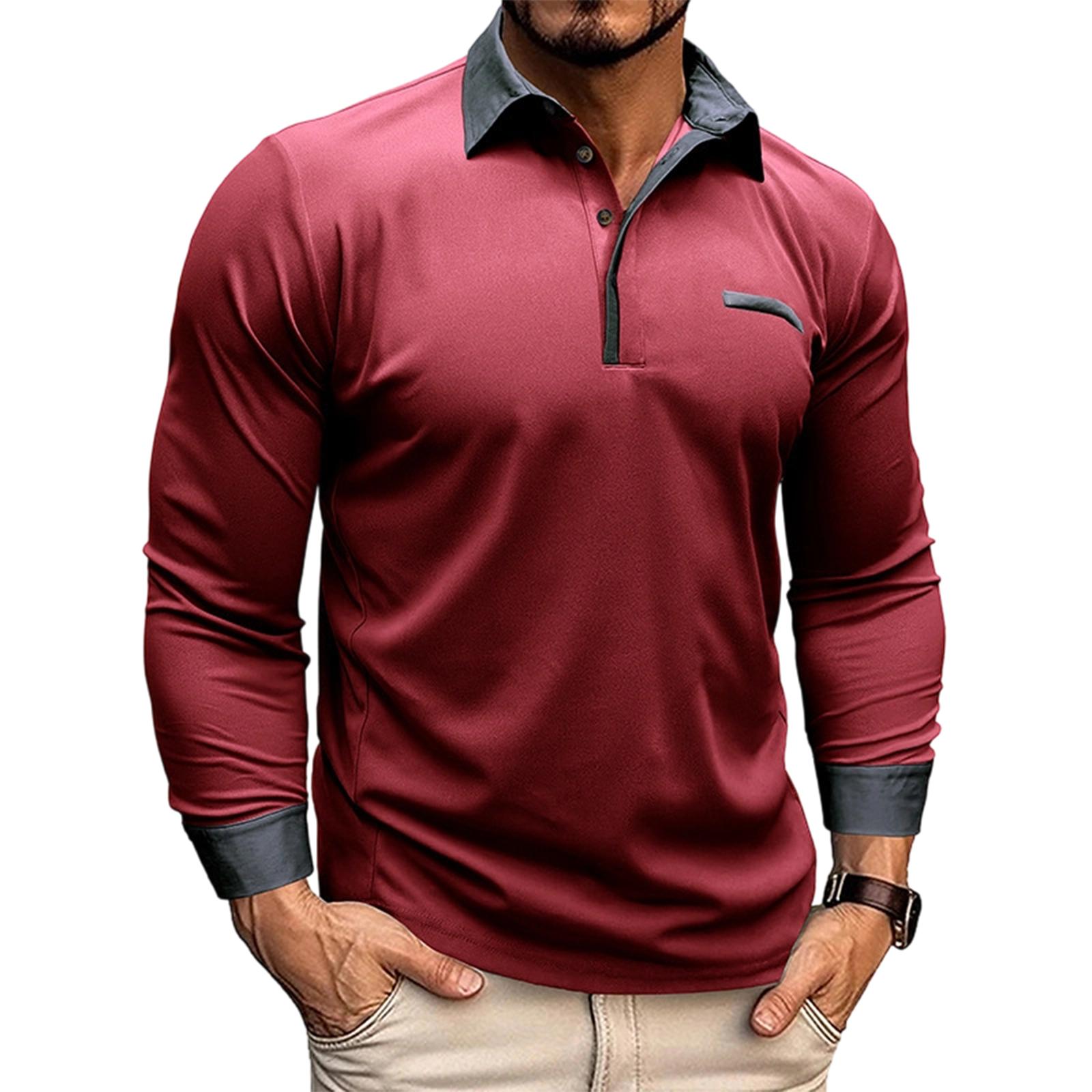 

Men s Leisure Collar With Turned-Up Edges Breathable Button Long Sleeves Shirt M винный