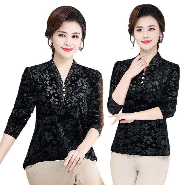 Elegant Black Velvet Print Long-Sleeve Loose T-Shirt for Middle-Aged & Elderly Women - Plus Size, Thin, Ideal for Spring & Autumn