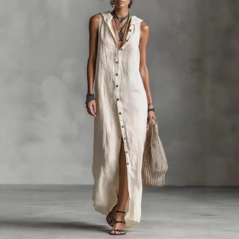 Women's Summer Cotton Linen Maxi Dress Hooded Collar Sleeveless Button Down Loose Casual Fashion Shirt Dress for Daily Vacation Wear