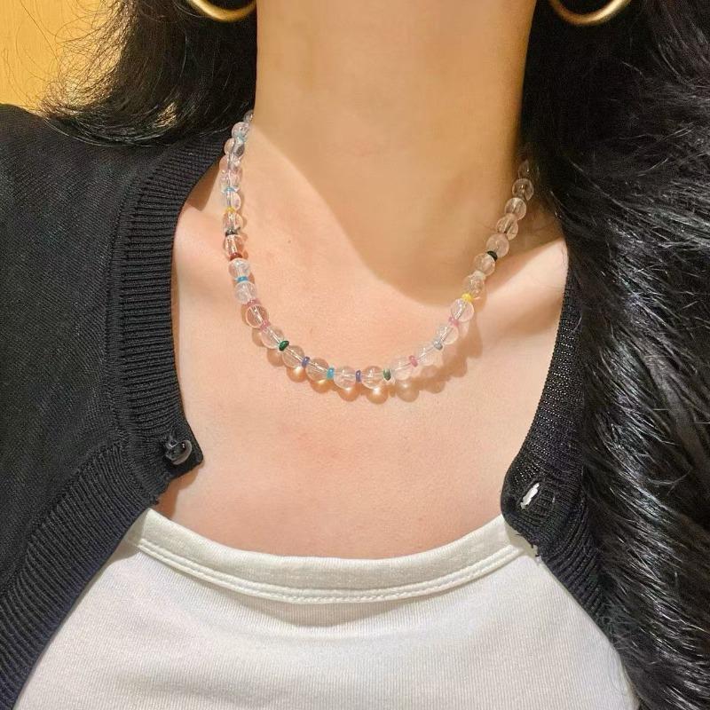 Natural Flat Cut Clear Quartz Beaded Choker With Multicolor Spacer Beads