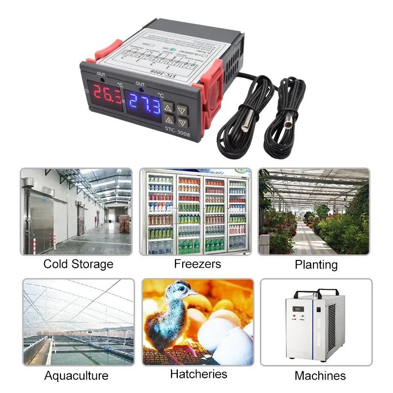 STC-3008 Dual LED Digital Temperature Controller Thermostat AC 220V 12VDC Heater Cooler Control Two Relay Output Thermoregulator