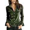 Women's Casual Top with Ruffle Trim Bell Sleeves Button Front Pockets