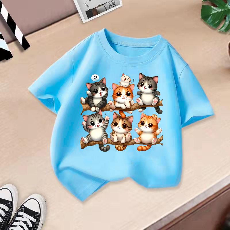 Children's Casual Short-sleeved T-shirt - Summer Girls' And Boys' Fashionable And Cute Cat T-shirt