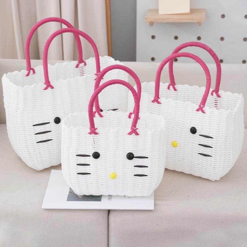 Cute Cat PVC Woven Bag Large Capacity Organizer Bath Shopping Basket Portable Baskets with Handles Beach Bag Vegetable Basket