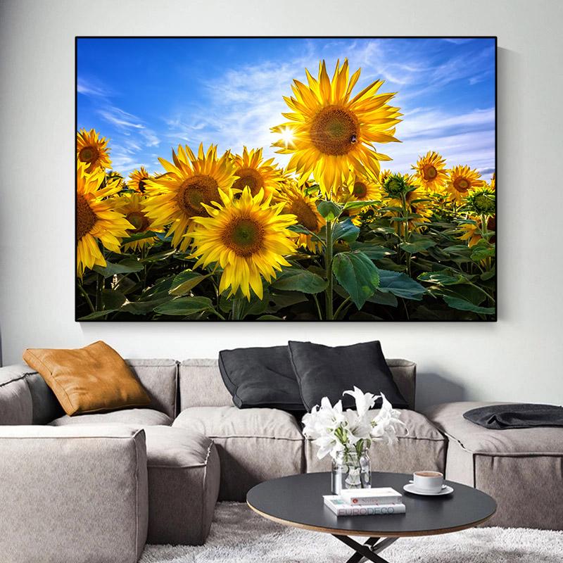 Nordisches Blumenfeld, Sonnenblumen-Leinwandgemälde, Wandkunst, Landschaftsplakate und Drucke, Bilder für Wohnzimmer, Wohnkultur, kein Rahmen