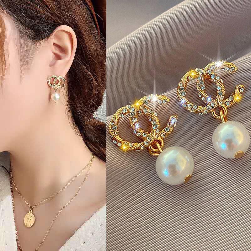 925 Sterling Silver Geometric Diamond Pearl Tassel Stud Earrings