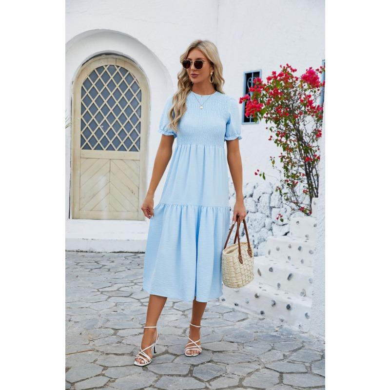 Summer Women's Dress Solid Color Round Neck Patchwork Short Sleeve Dress