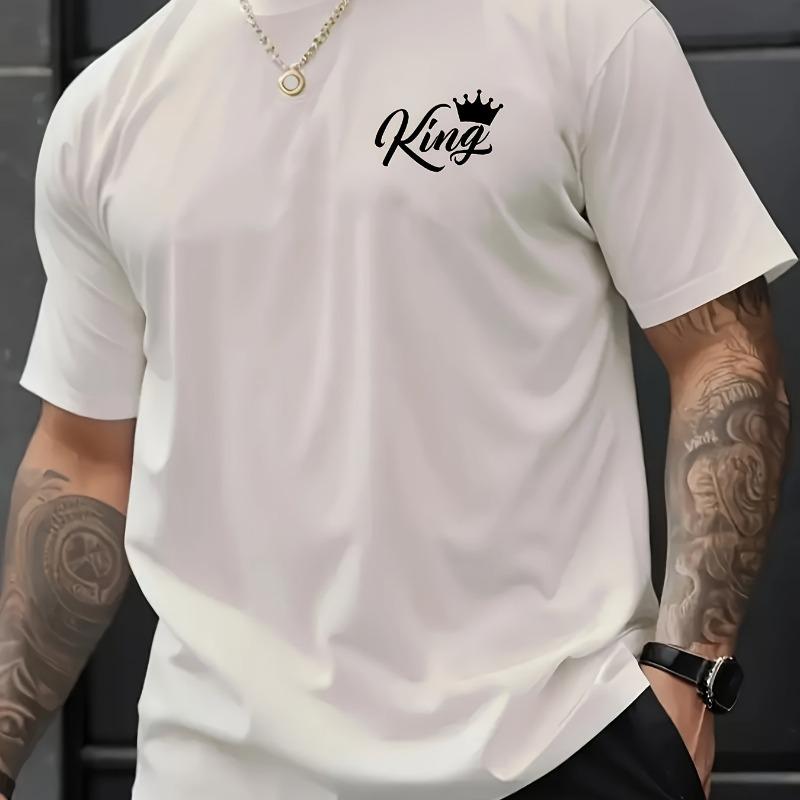 Men's Cotton T-shirt - Casual Crew Neck, 'KING' Crown Graphic, Short Sleeves, Fashionable for Summer, Machine Washable