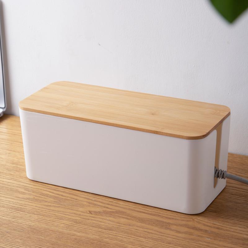 Wood Grain Desk Cable Organizer With Lid For Home Office And Bedroom Storage
