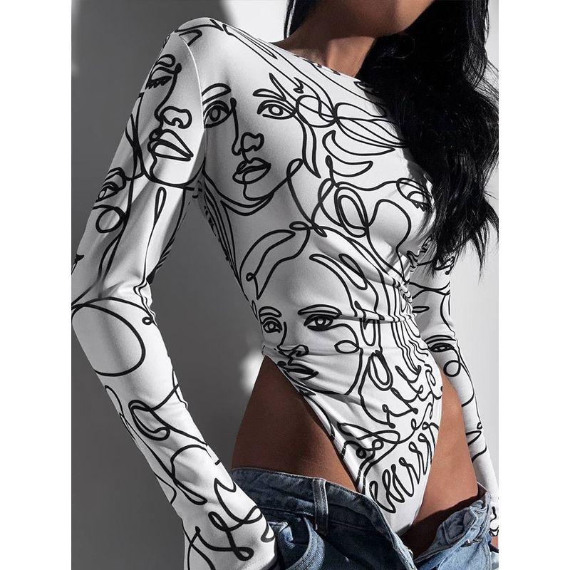 

Street Elegant Sexy Abstract round Neck Jumpsuit High Waist Slim Fit Easiest for Match Minimalist Elegant Long Sleeve Top Fashion White L