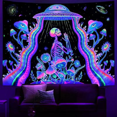 Fluorescent Tapestry Psychedelic Ultraviolet Wall Decoration  Skull Mushroom Witchcraft Beautiful