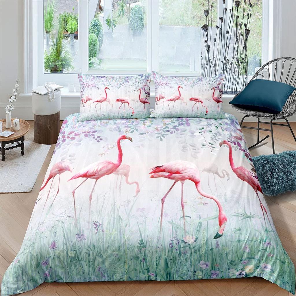 Red Flamingo Duvet Cover Set King Queen Size Polyester Comforter Cover Wild Animals For Kids Teens Animals Lovers Bedding Set