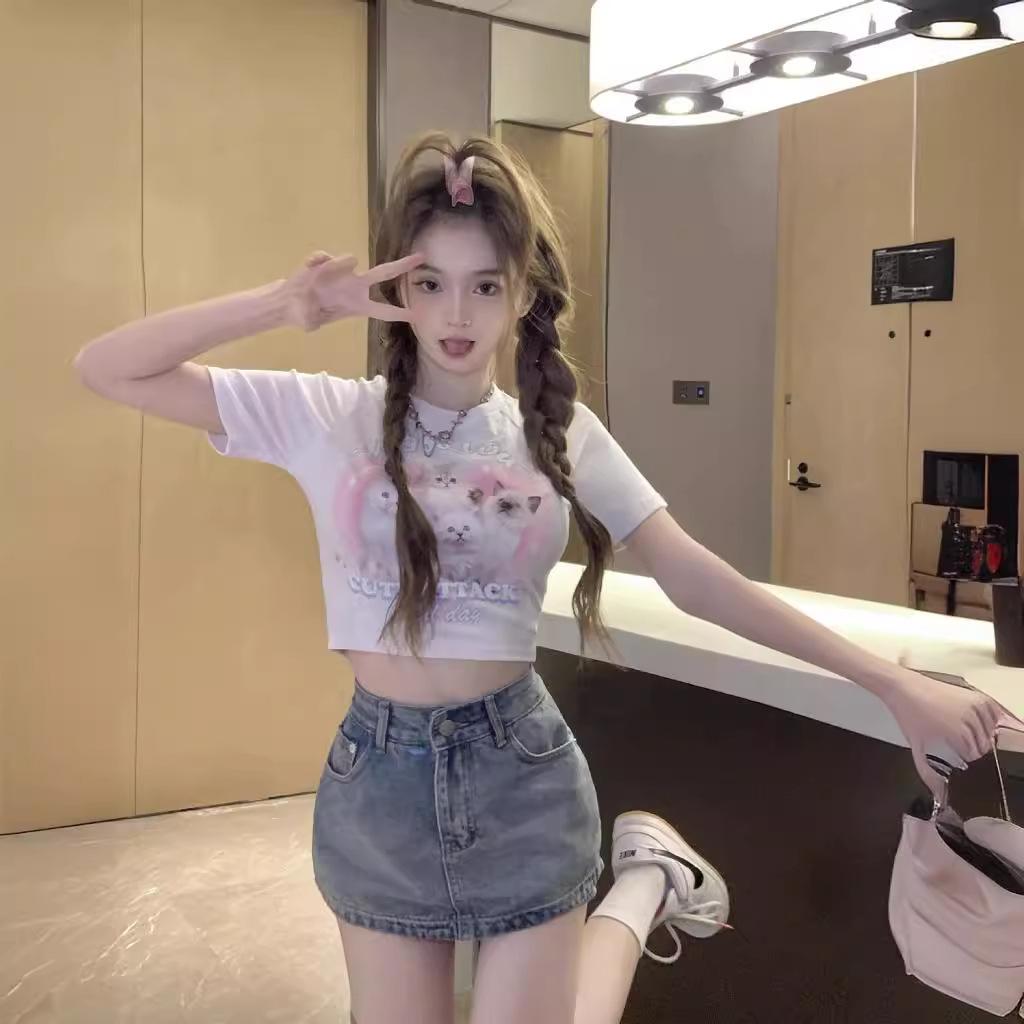 Cute Cat Print White Short-sleeved T-shirt Women's Summer New Slim-fit Short Spice Girl Versatile Top Ins