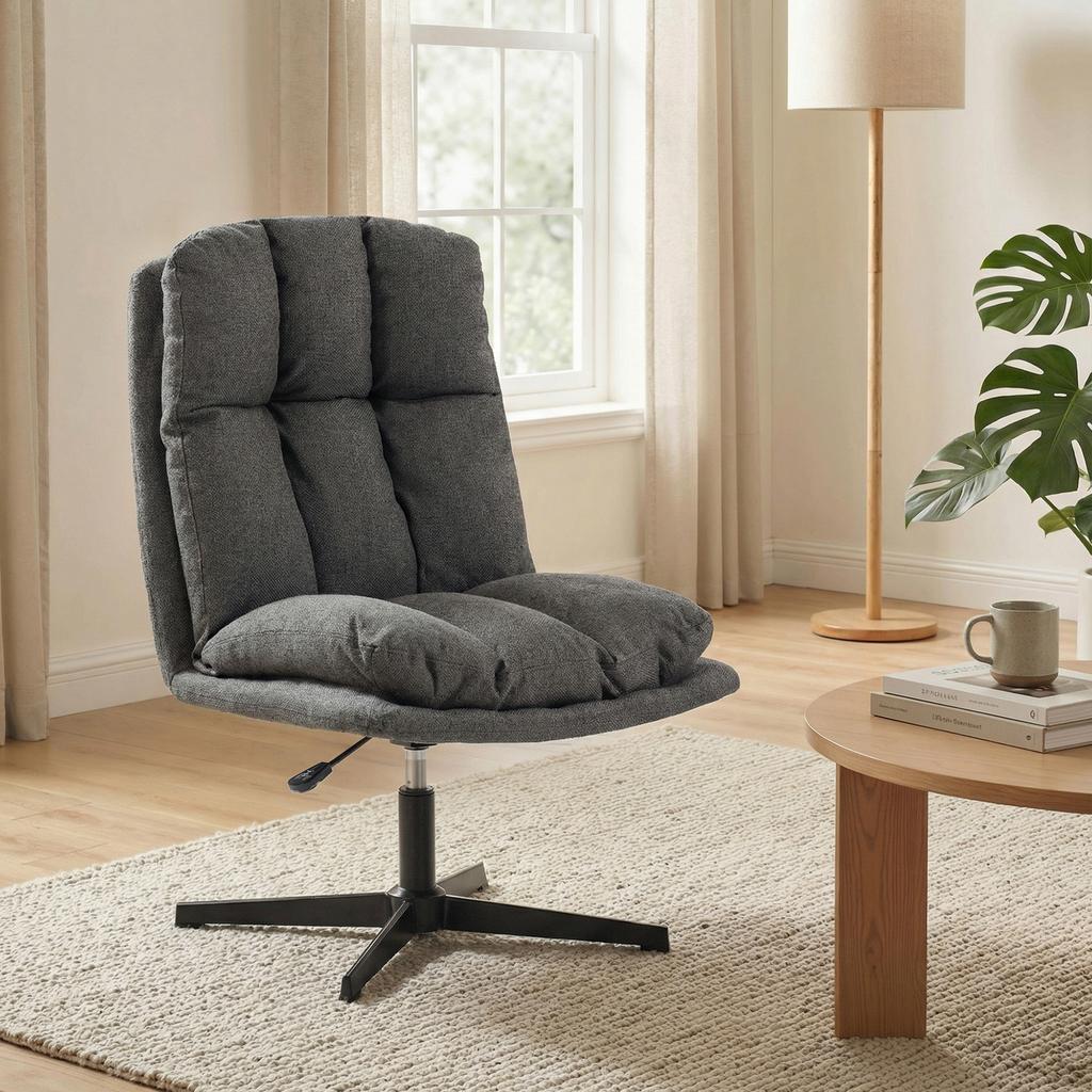Swivel Accent Chair, Armless Reading Chair In Linen-Look Fabric with Wide Seat and Metal Legs, Dark Grey