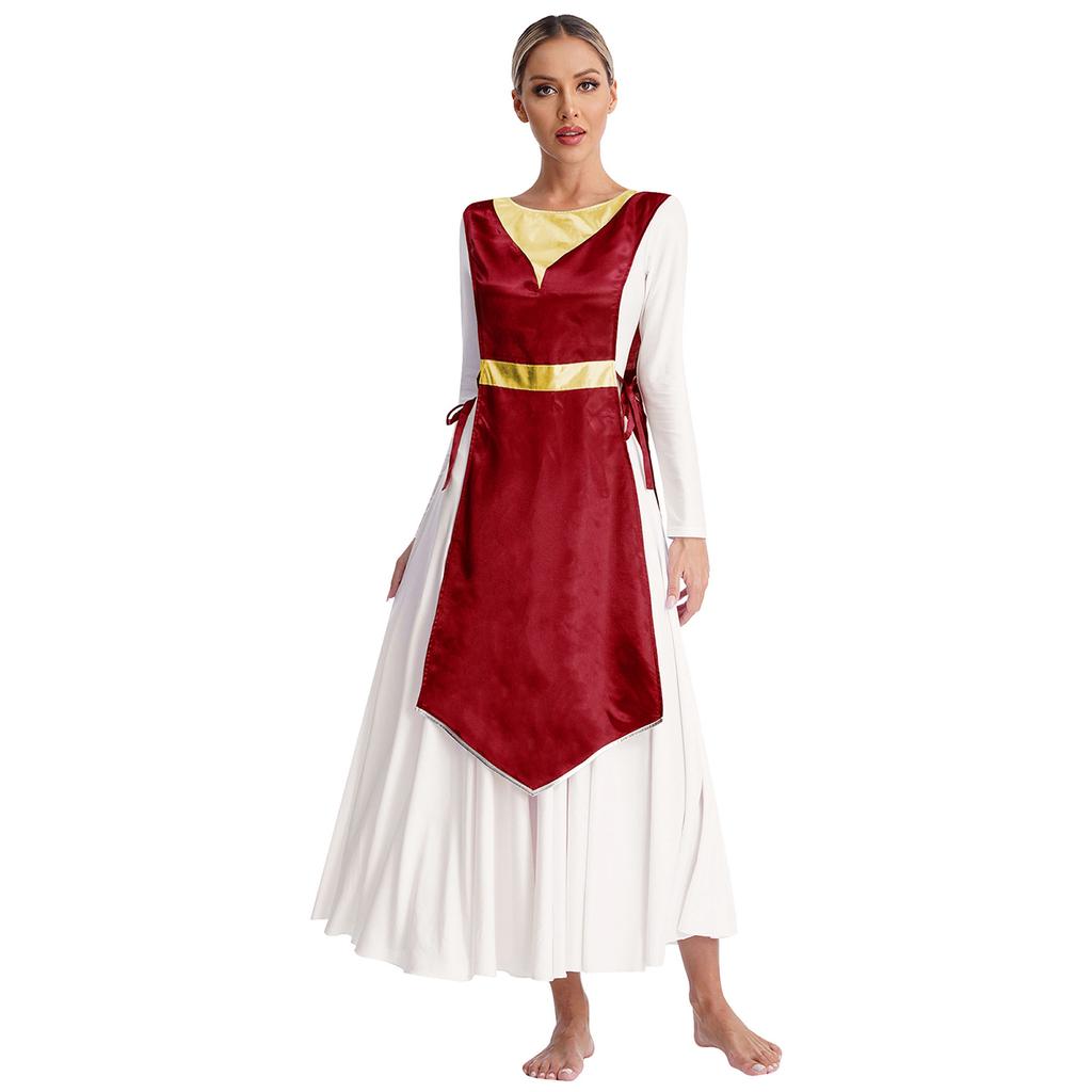 Women Church Worship Robe Choir Performance Tunic Metallic Patchwork Lace Up Sides Split Satin Dress