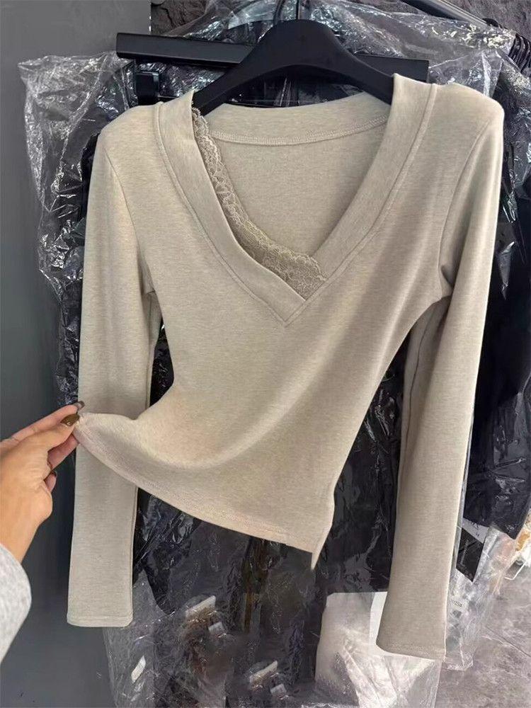Women's Slimming V-neck Lace Trim Long Sleeve Top - Sexy Autumn/Winter Waist-Cinching Base Layer Inner Wear
