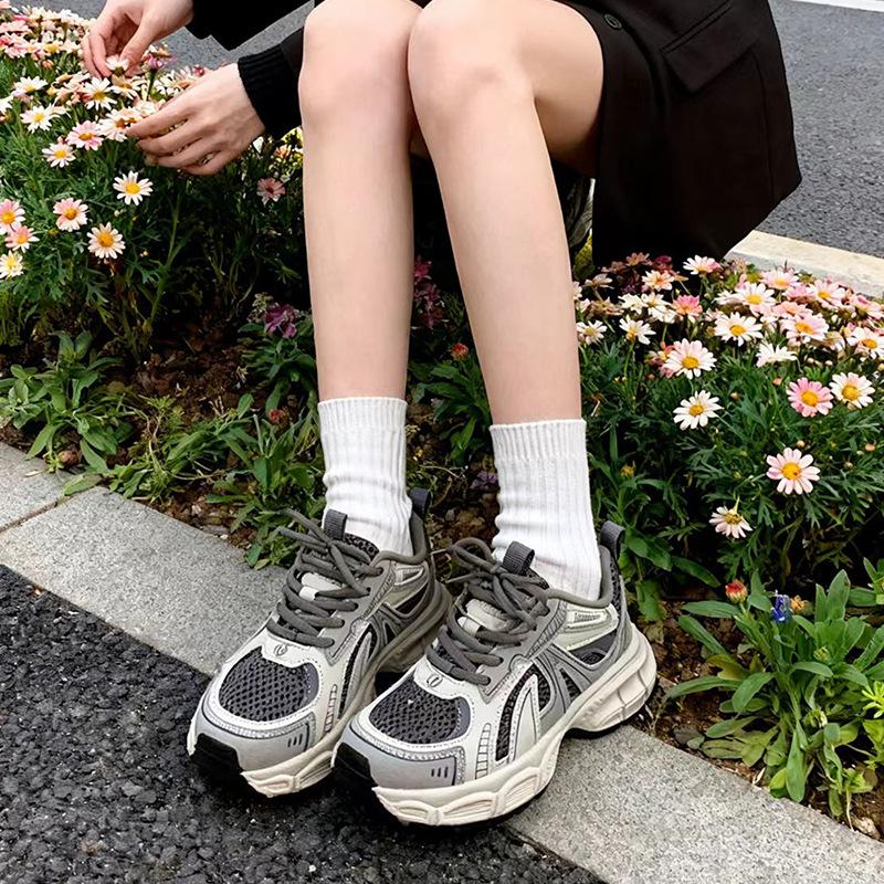 Thick-soled Gray Dad Shoes Women's 2025 New Spring and Autumn Mesh Breathable Casual Sports Shoes Versatile Inner Height-increasing Women's Shoes