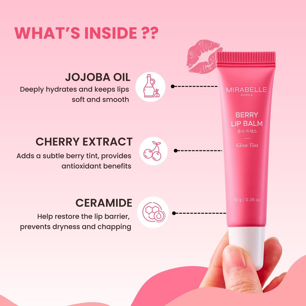 Mirabelle Korea Berry Lip Balm 10g | Subtle Glow Tint | Korean Lip Balm for Dry, Chapped Lips | Brightens Pigmented Lips | Jojoba Oil, Cherry Extra
