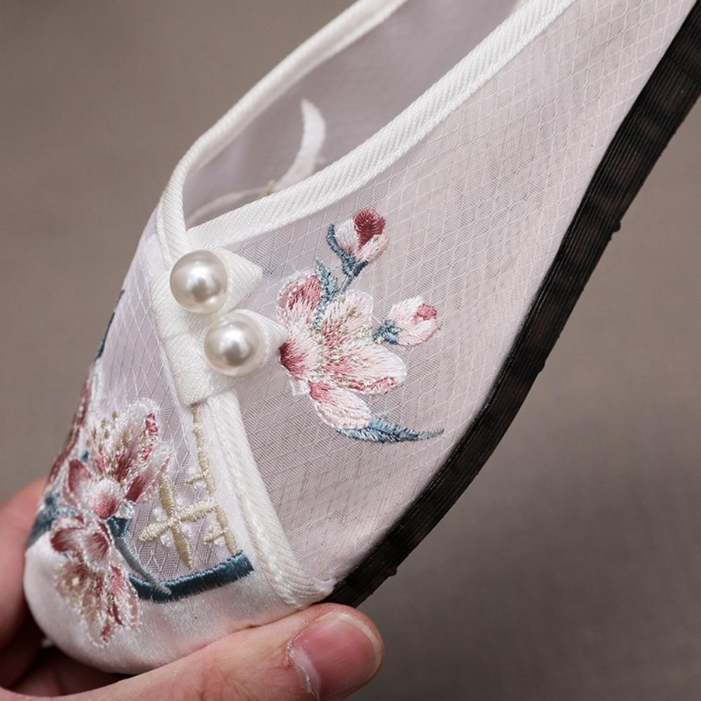 Pearl Hanfu Slippers Mesh Embroidered Shoes Ethnic Style Baotou Slippers  Hanfu Accessories