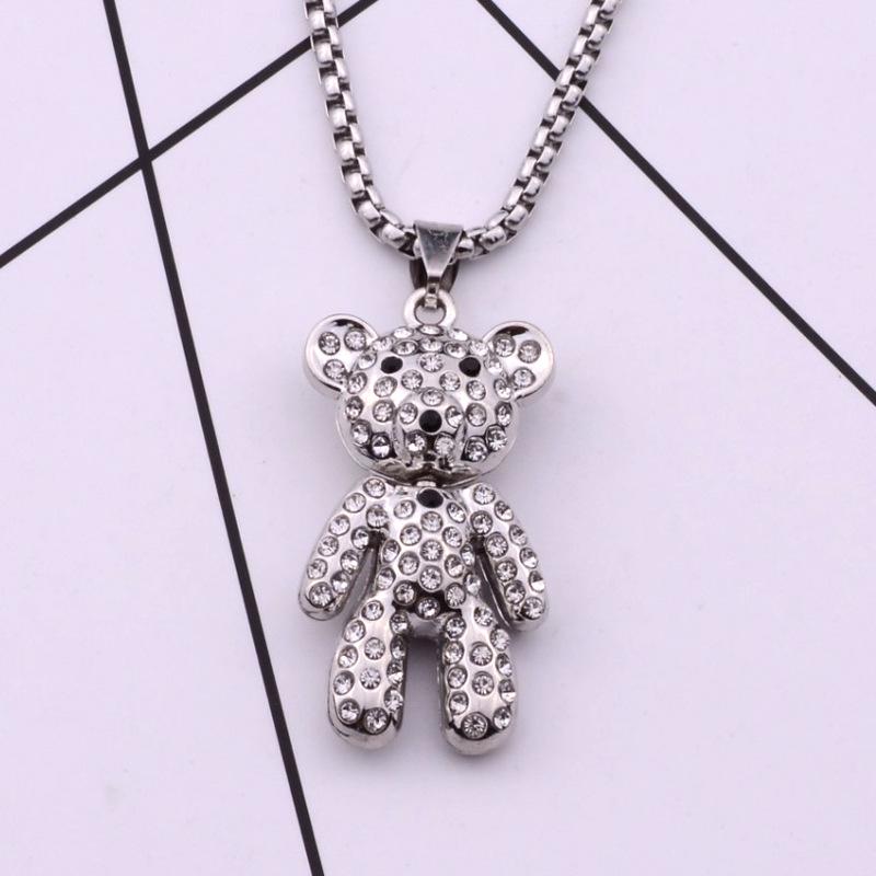 Movable Full Diamond Bear Necklace for Women - Titanium Steel, Trendy Hip Hop Sweater Chain Accessory