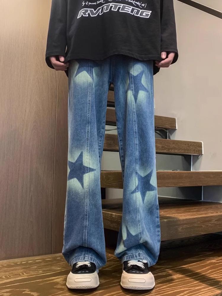 Unisex Korean Street-Style Elastic Waist Dark Star Jeans - Trendy, Loose Straight-Leg for Spring and Autumn