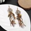 2pcs Bohemia Women's Hollow Dream Catcher Feather Tassel Earrings Sets Retro Alloy Leaf Stone Pendant Earrings Necklace Zircon