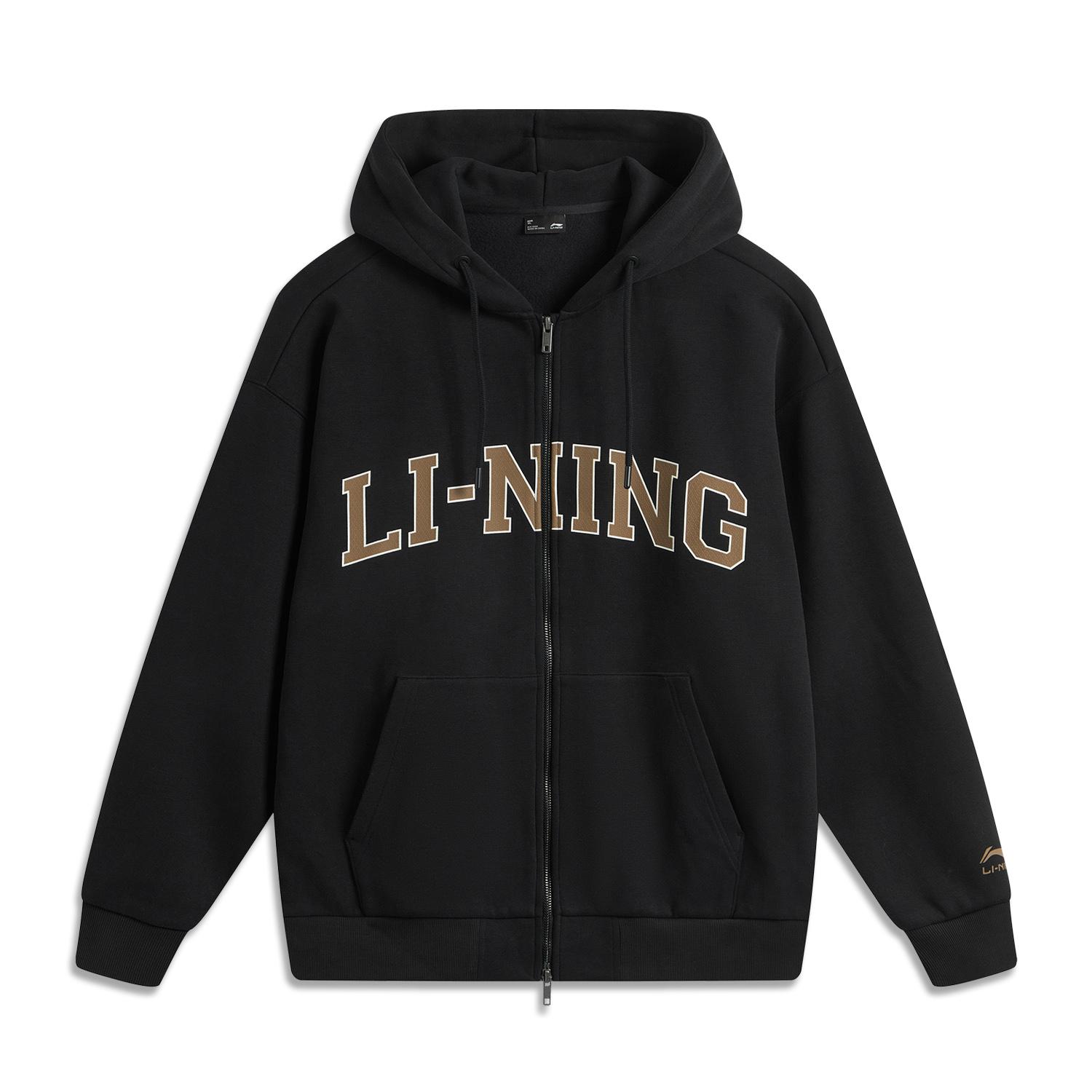 LI-NING AWDUA11-6 Unisex Sport Fashion Series Loose Fit Fleece Lined Full Zip Letter Logo Hooded Sweatshirt XL
