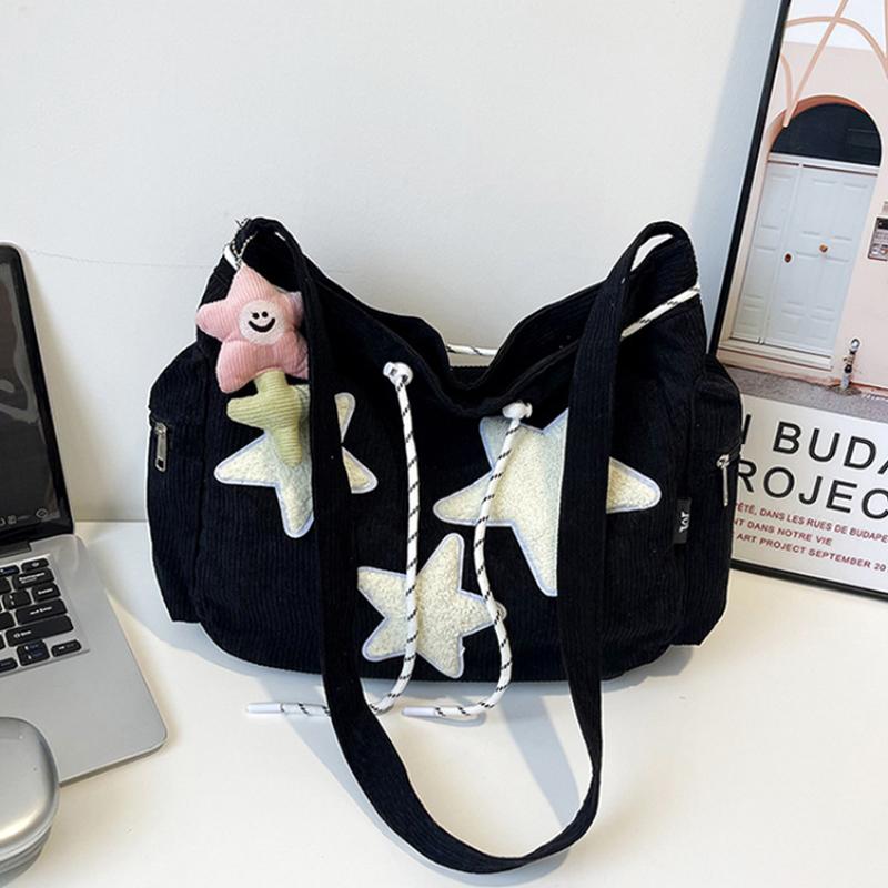 Korean Star Embroidered Crossbody Bag Lightweight Large Capacity Corduroy Commuter Shoulder Bag Women's Multiple Pockets Handbag