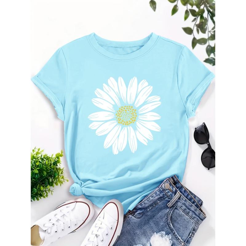 Daisy Flower Print Women's Summer Fitted Round Neck T-Shirt