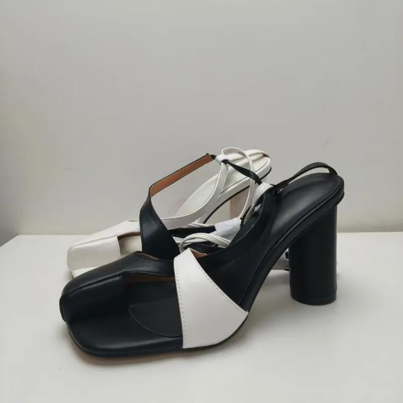 Fashion New Cross Strap Mixed Color Round Heel Sandals European American Runway Style Sexy Side Open Toe High-heeled Women's Shoes 43