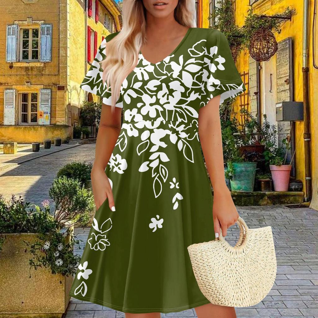 Women Summer Dress Casual Swing Floral Ruffle Short Sleeve Sundresses Beach  A-line  Dress  With Pockets