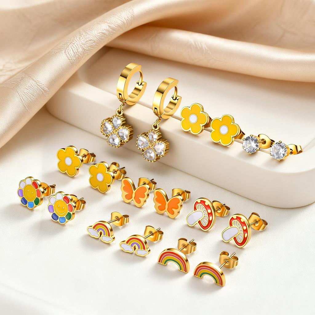 Vnox 3pairs/Set Sweet Dripping Oil Enamel Flower Mushroom Butterfly Charms Stud Earrings for Girls, Cute Enamel Earrings Jewelry