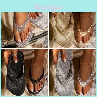 Shimmering Rhinestone And Glitter Elements On Women's Flat Slipper For Daily Wear