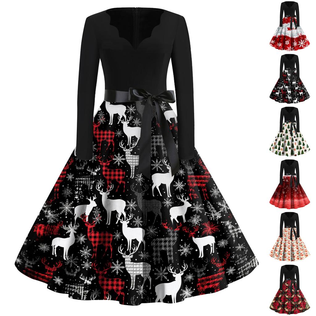 Women's Casual Fashion Christmas Print V-Neck Vintage Dress for Holiday Gatherings
