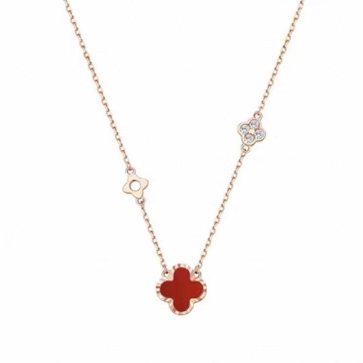 Позолоченное четырехлистное клеверное и красное агатовое колье для женщин - Цепочка на ключицу Подарок для девушки