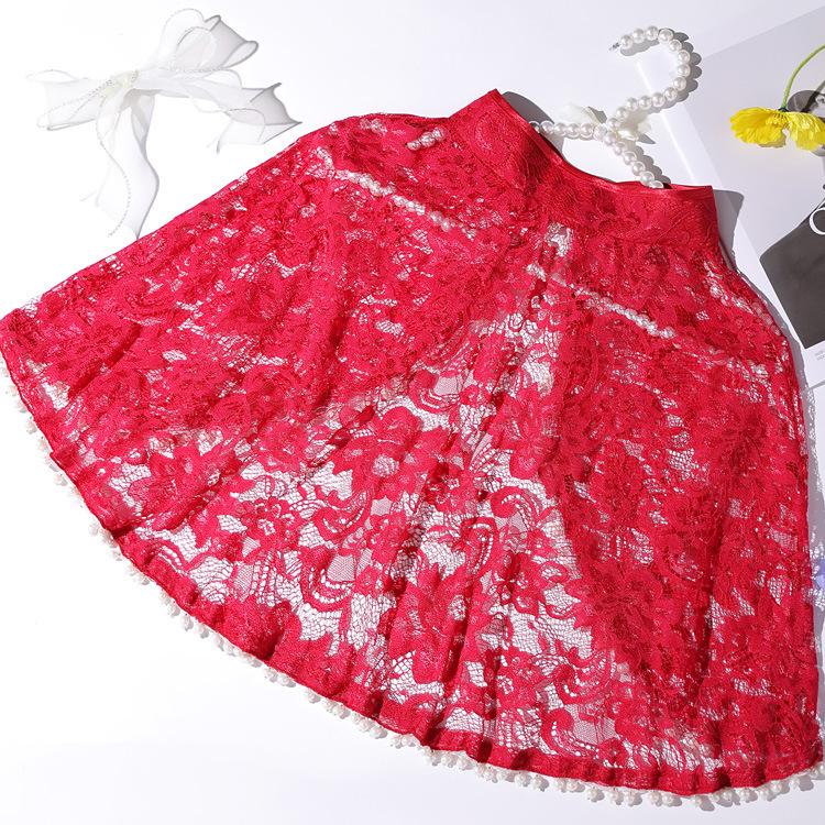 Chinese Mandarin Collar Floral Lace Cape Shrug Pearl Trim Short Bolero Wrap For Wedding Cheongsam Evening Prom Dress
