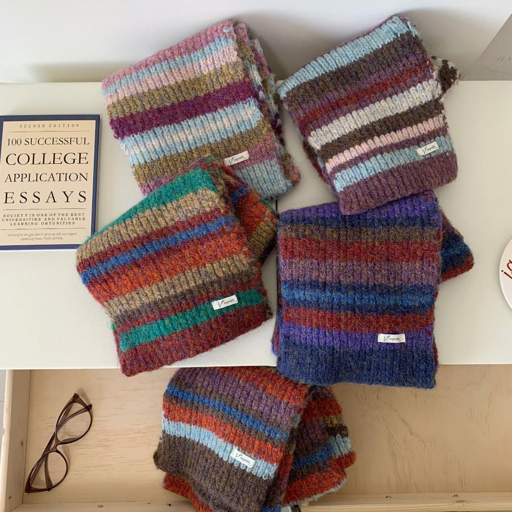 Retro Contrast Color Striped Scarf Wool Knitting Scarf For Women Autumn Winter Warm Cold-Proof Scarf Versatile Student Muffler
