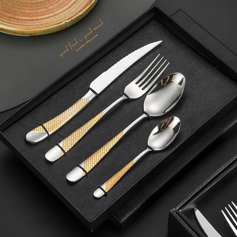 Cross 304 Stainless Steel Star Diamond Tableware Set: Steak Knife, Fork, Spoon, and Teaspoon for Home and Hotel Use