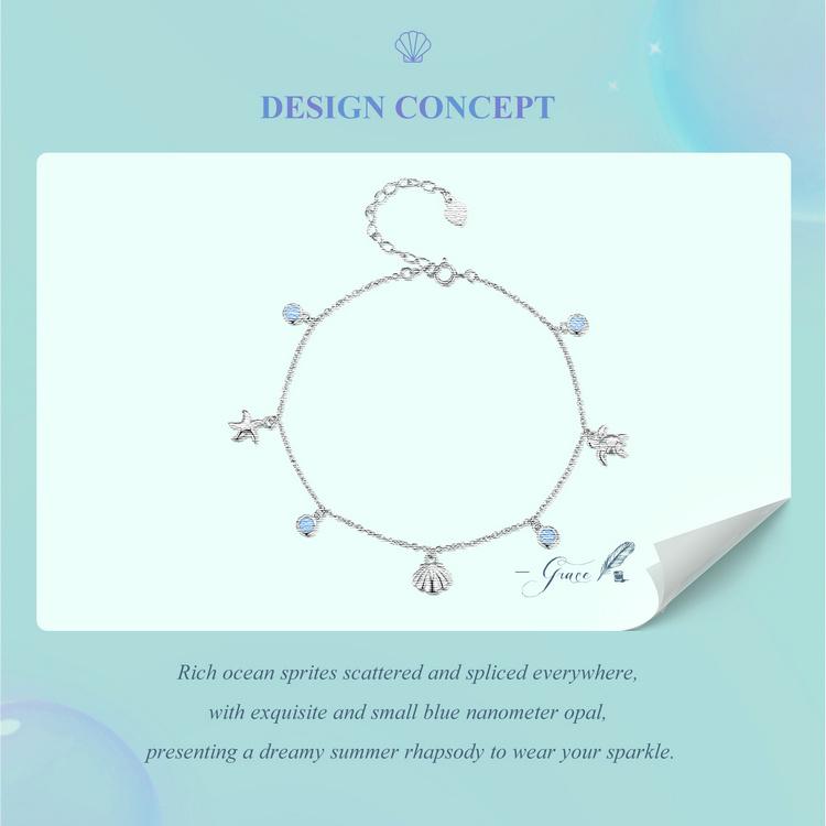BAMOER 925 Sterling Silver Seastar and Shell Pendant Anklet Simple Chain Foot Jewelry for Women Platinum Plated Summer Jewelry