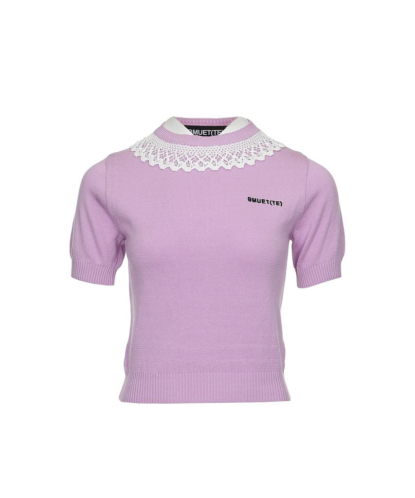 BMUETTE Lace-Detailed Logo Embroidered Short Sleeve Pullover Pink