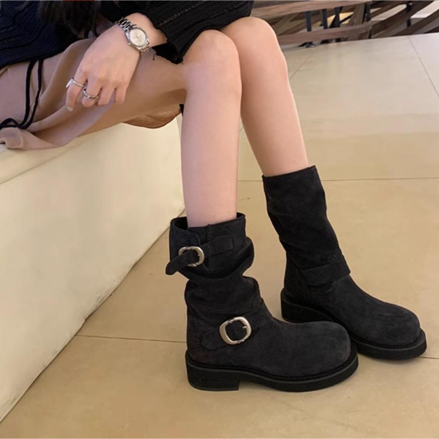 Cowhide Version~ Leather Thick-soled Martin Boots Women's Spring and Autumn British Retro Thick-heeled Locomotive Boots Stacking Boots Medium Boots