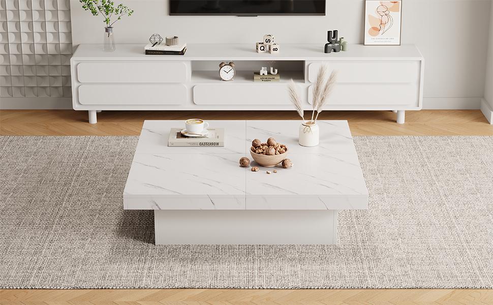 Table Basse Carrée Blanche Moderne Aspect Marbre, 90 x 90 x 25 cm – Quatre Tiroirs, Plateau Coulissant, Capacité de Charge jusqu'à 30 kg
