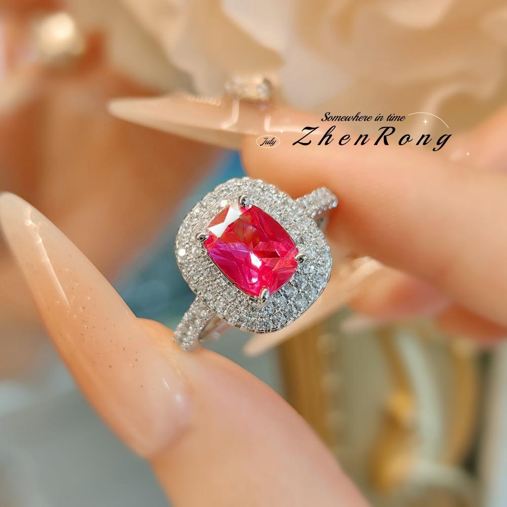 Women Jewelry Set Simple Red Corundum Ring Light Luxury Unique Design High Carbon Diamond Engagement Ring
