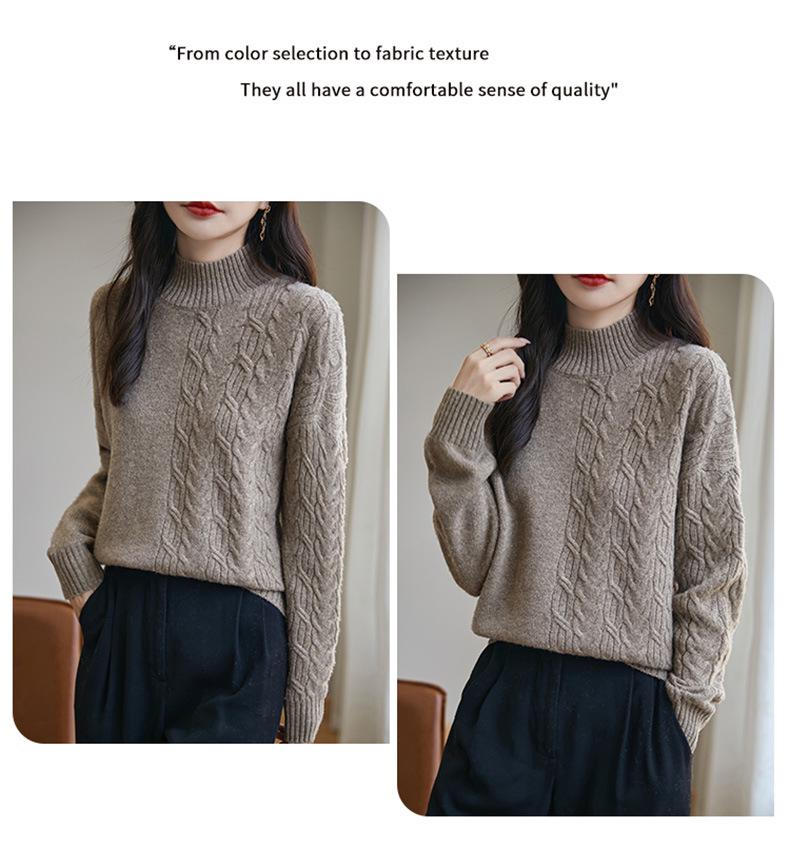 Damen Jacquard Wollpullover mit hohem Kragen, Gold- und Silberfaden - Verdickt, Lockere Passform für Herbst und Winter