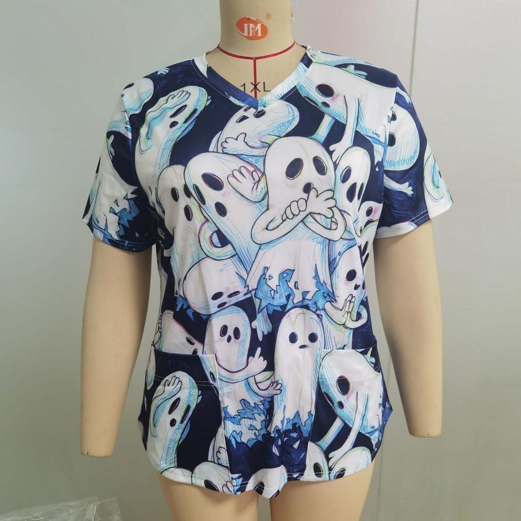 Damenmode V-Ausschnitt Kurzarm Arbeitskleidung mit Taschen Osterdruck Oberteil Pflegekleidung