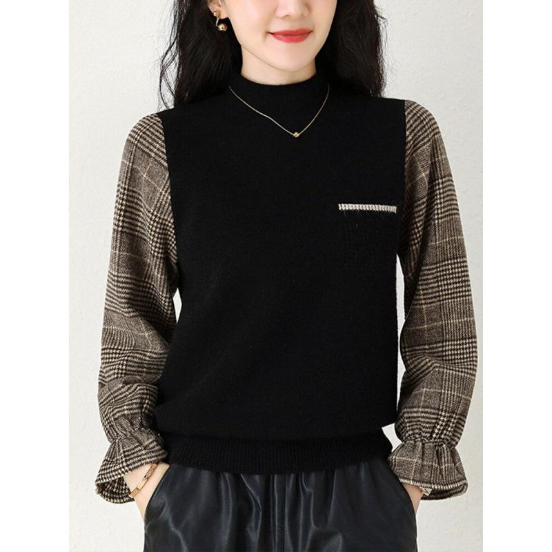 Autumn Winter Korean Version Fashionable Simple and Versatile Color Blocked Plaid Retro British Elastic Base Knitted Sweater Top for Women