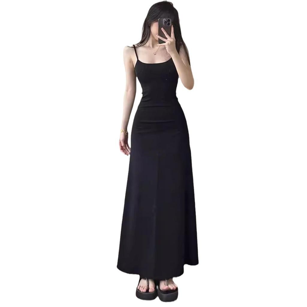 Black Spaghetti Strap Dress for Women, Summer Slim-fit Little Black Dress, Sleeveless Base Dress, French Long Skirt, Slimming Dress